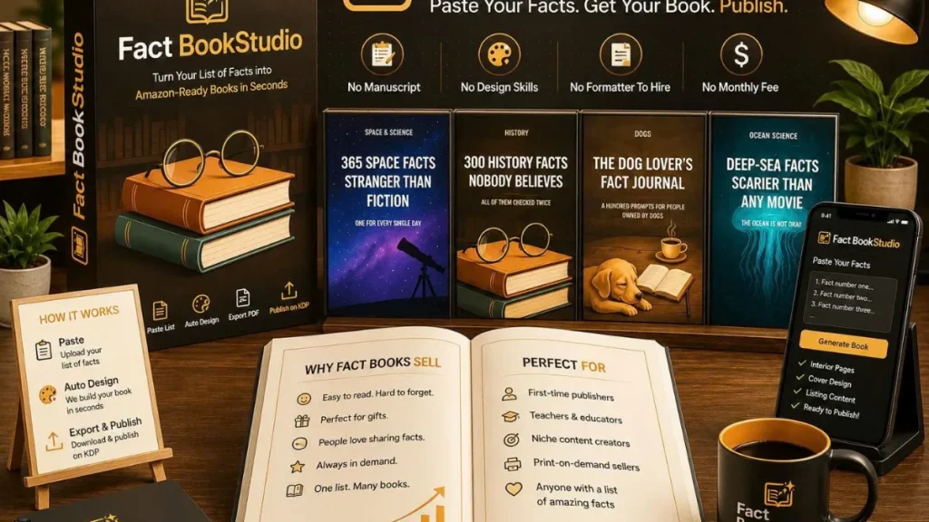 Fact Book Studio Review — beginner-friendly Amazon book builder dashboard showing interior layout and cover preview